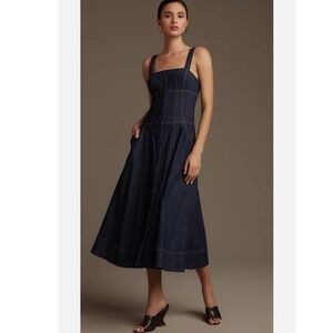 Maeve Anthropologie Denim Square Neck Button Corset Midi Dress Indigo Petite 2P